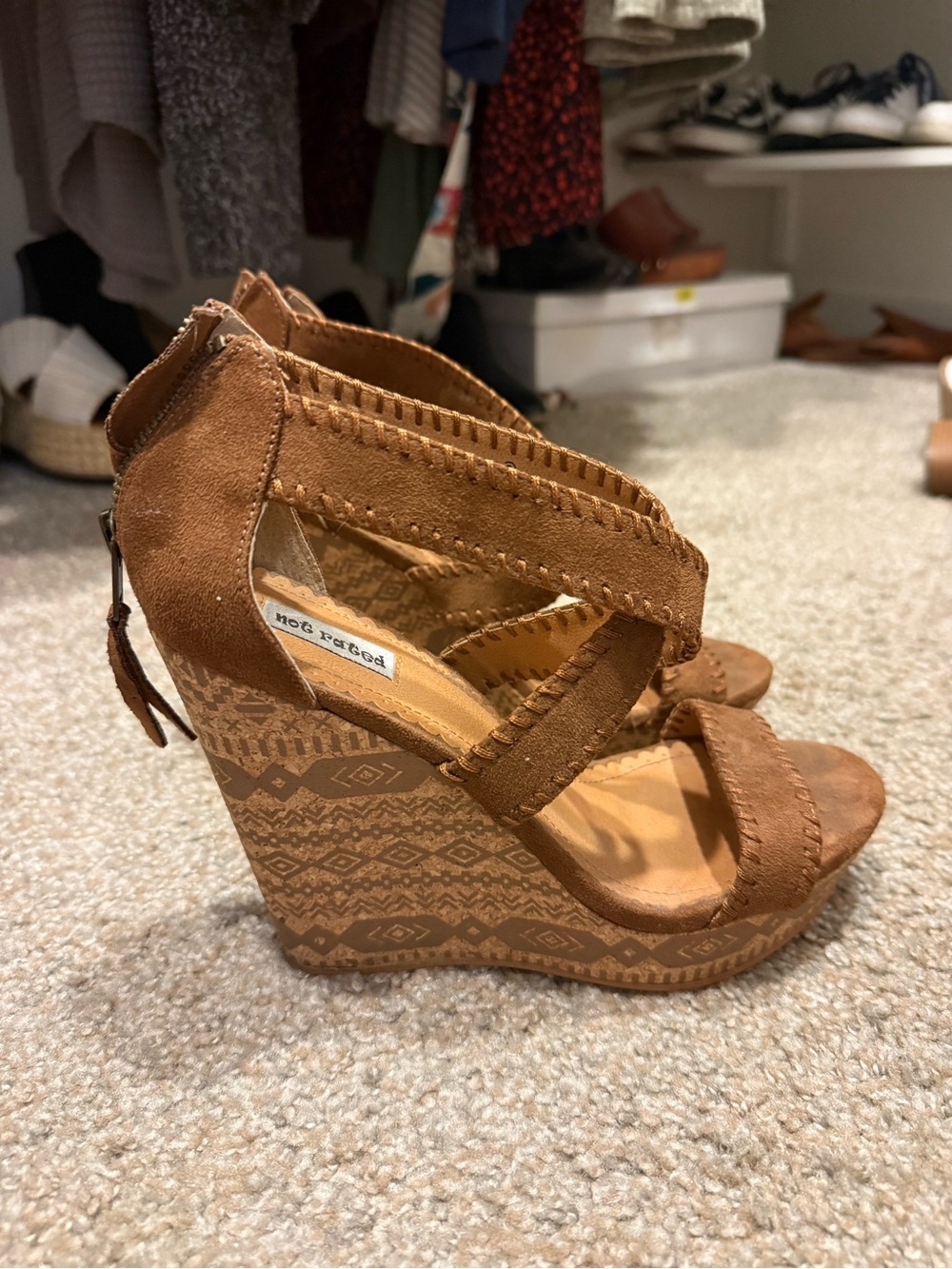 Not Rated Brown Suede Wedge Sandals with Patterned Cork Platform